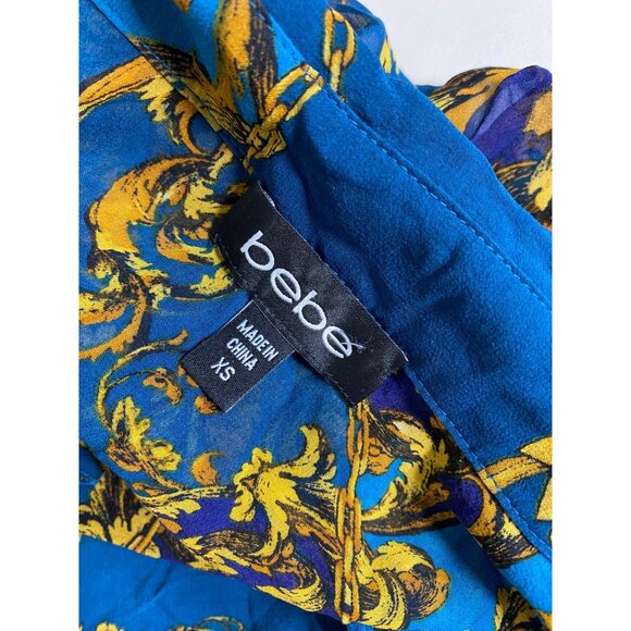 Bebe Mulberry Silk Womens Baroque Print Sheer Button Up Top size XS Long Sleeve - Picture 3 of 13